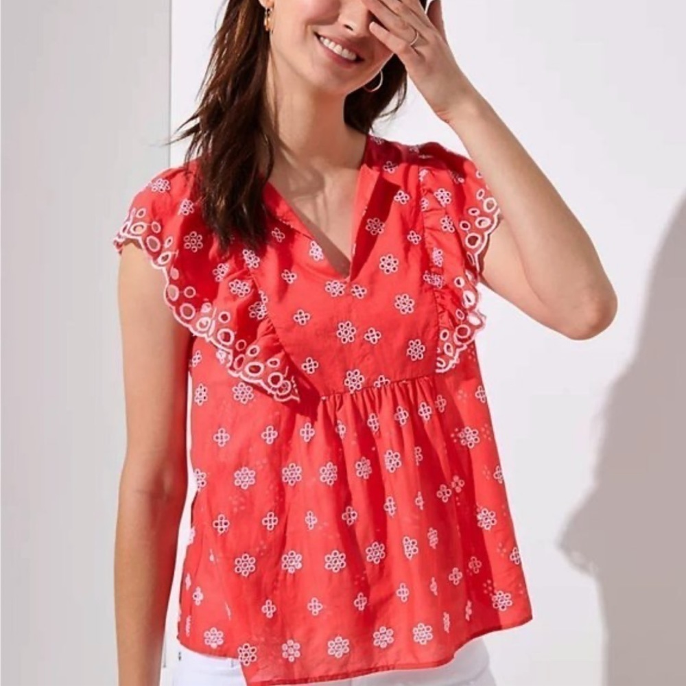 Loft Ann Taylor XXS Women's Red Eyelet Flutter Ruffle Blouse Top coral
